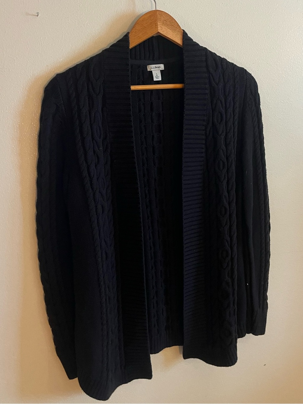 L.L. Bean Black Cable-Knit Open Cardigan